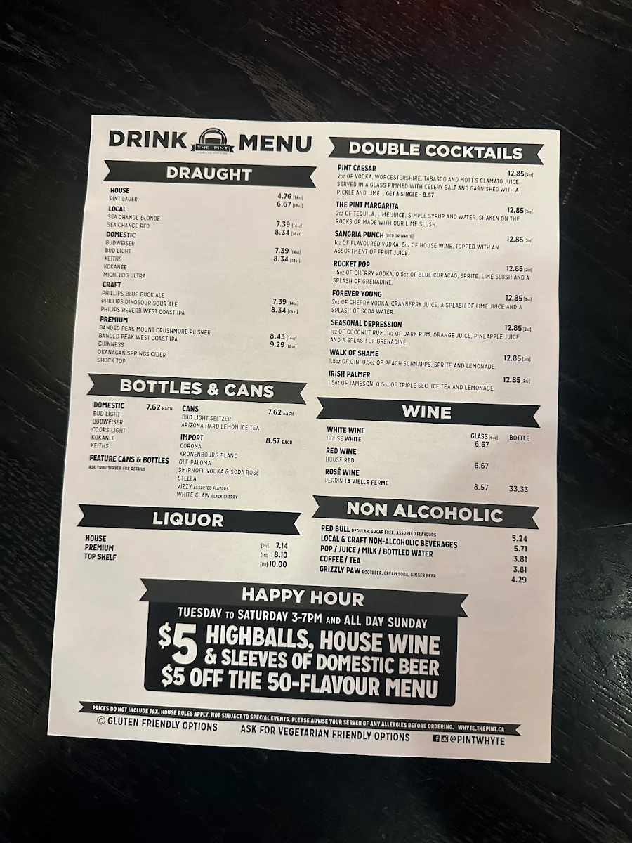 Menu, The Pint Whyte