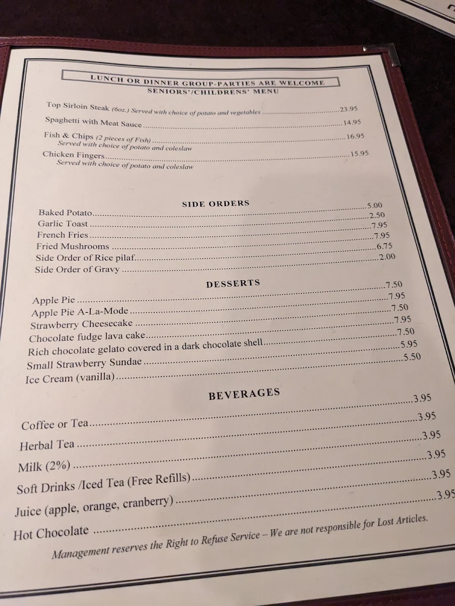 Menu, Astros Restaurant
