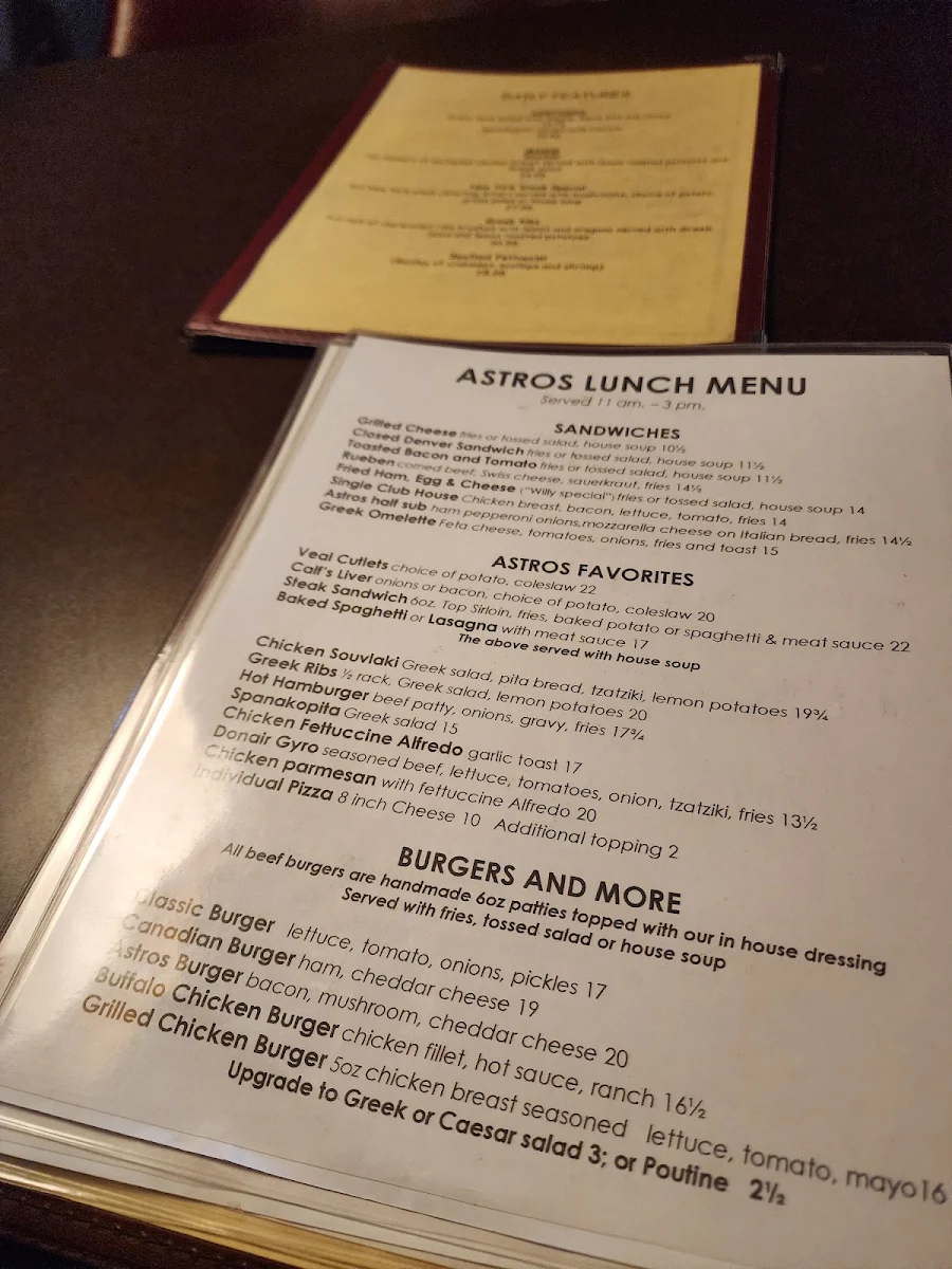Menu, Astros Restaurant