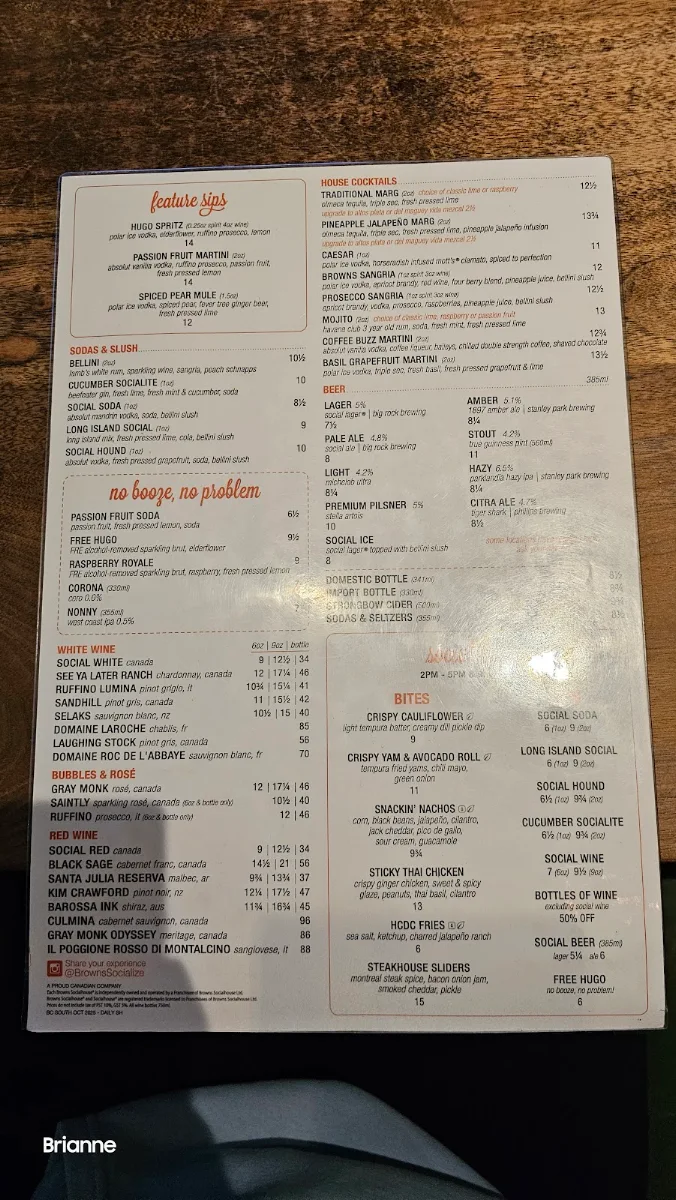 Menu, Browns Socialhouse