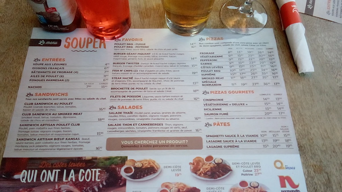 Menu, Restaurant Normandin Sherbrooke