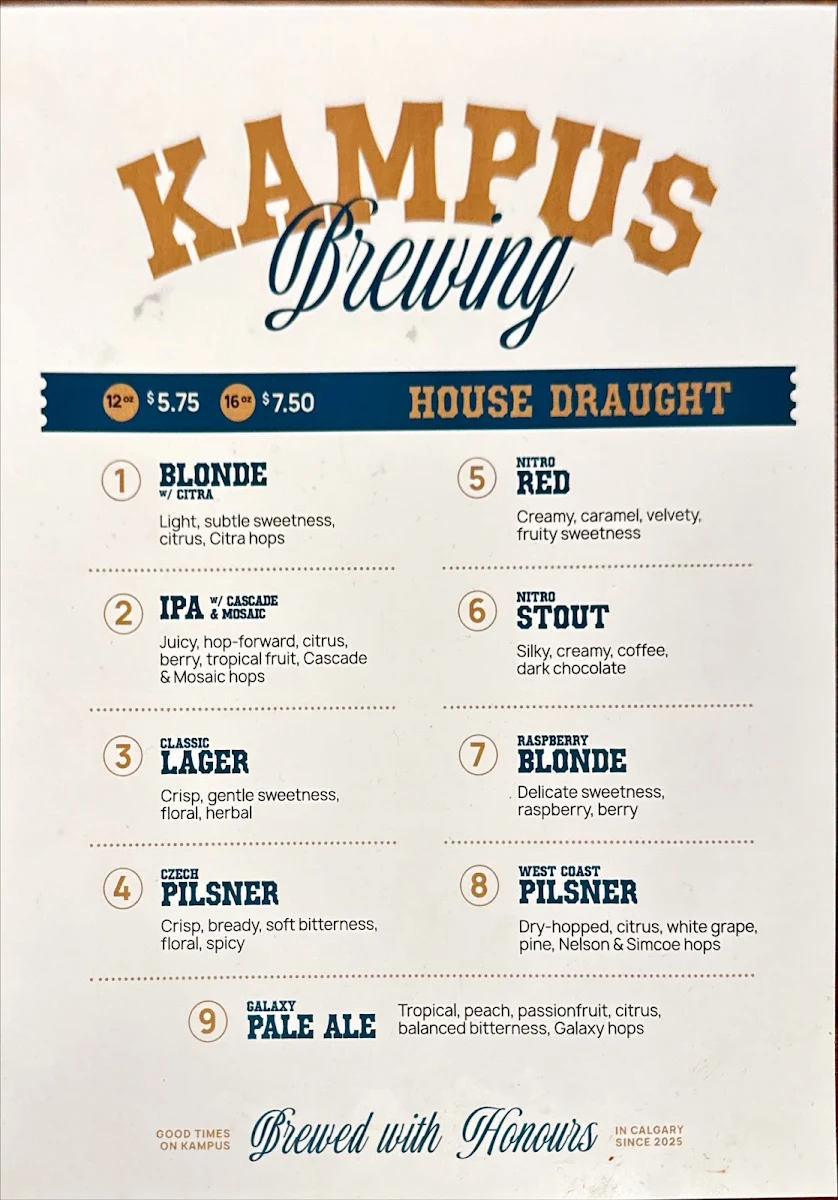 Menu, Kampus Brewing Co.