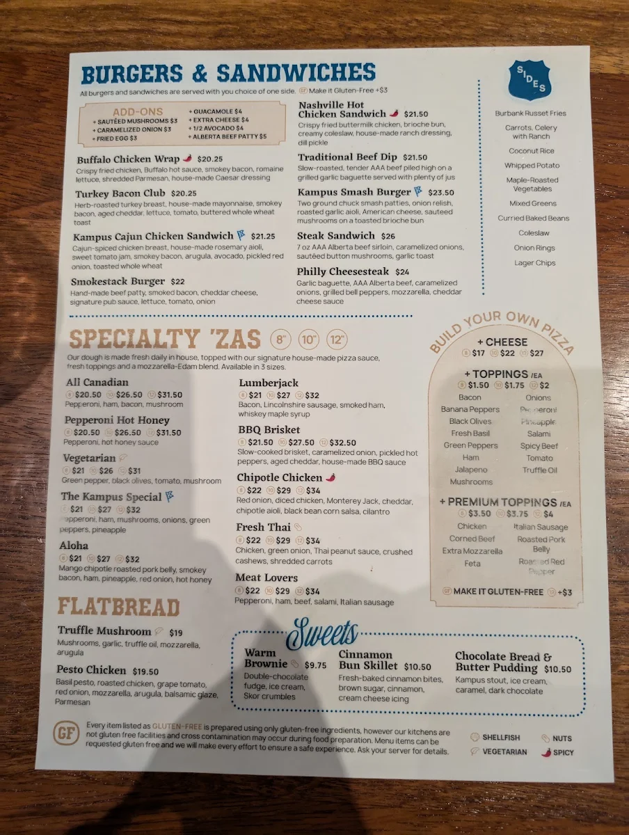Menu, Kampus Brewing Co.
