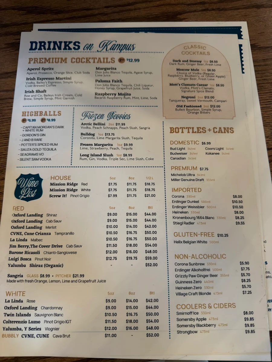 Menu, Kampus Brewing Co.