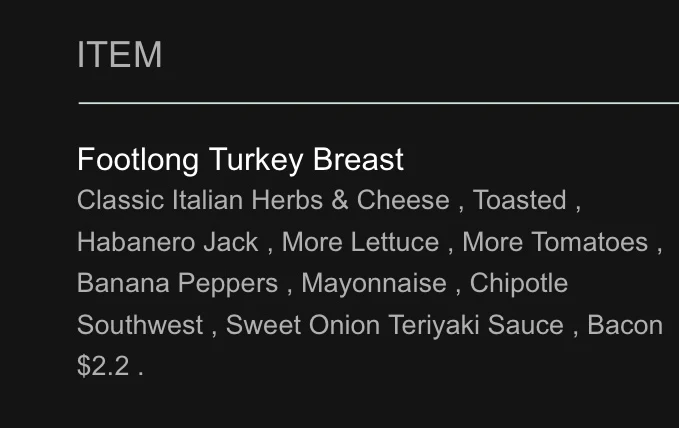 Menu, Subway