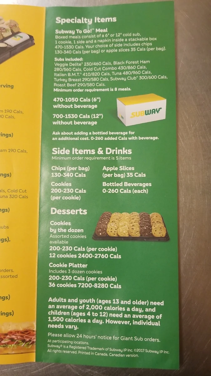 Menu, Subway
