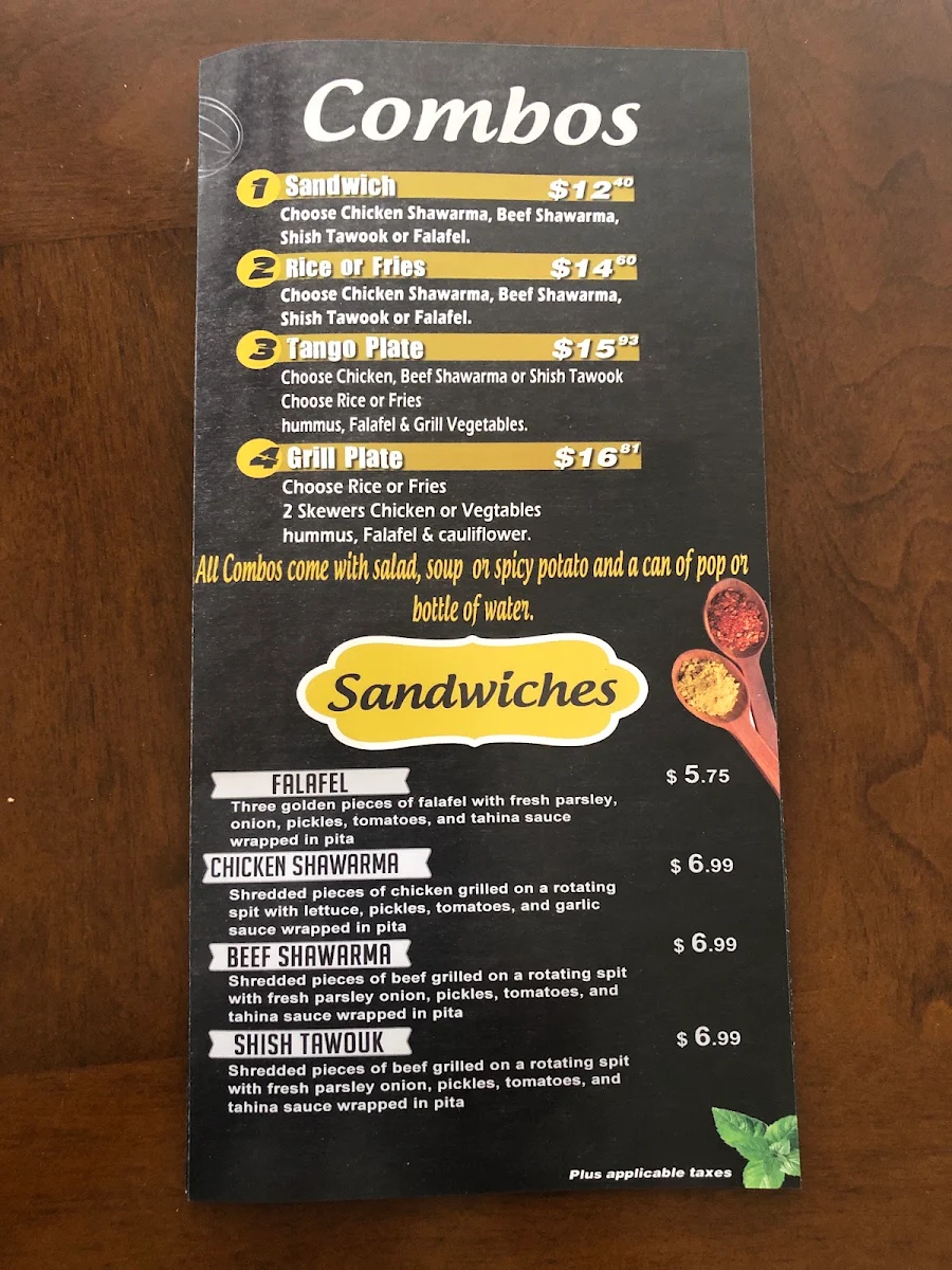 Menu, Go Tango Ancaster