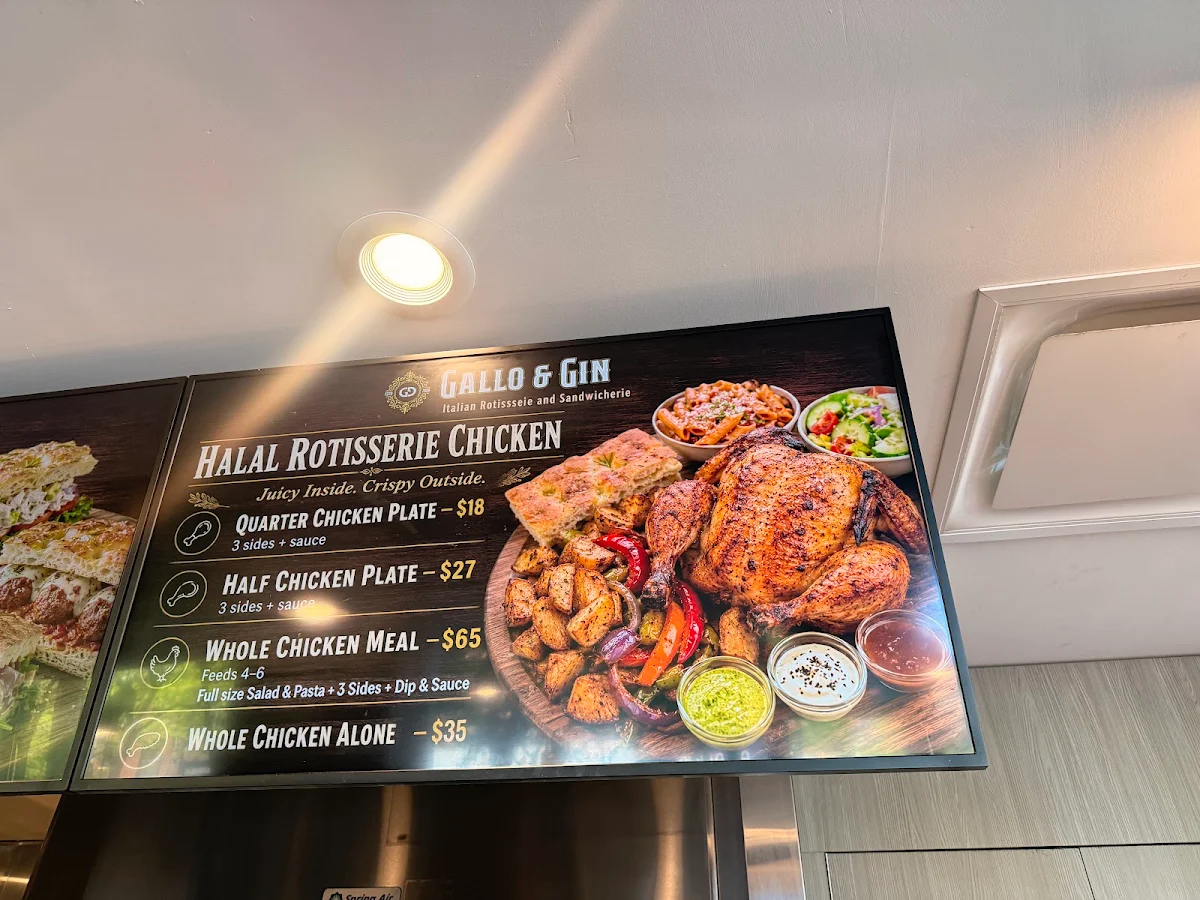 Menu, Gallo & Gin - Rotisserie Chicken · Focaccia Sandwiches · Gin Cocktails