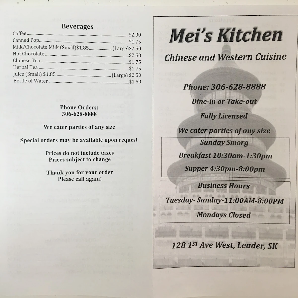 Menu, Mei's Kitchen