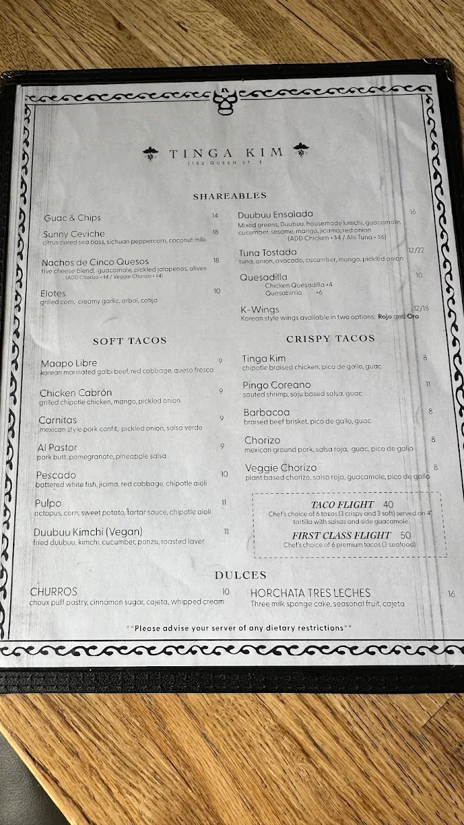 Menu, Tinga Kim Taqueria