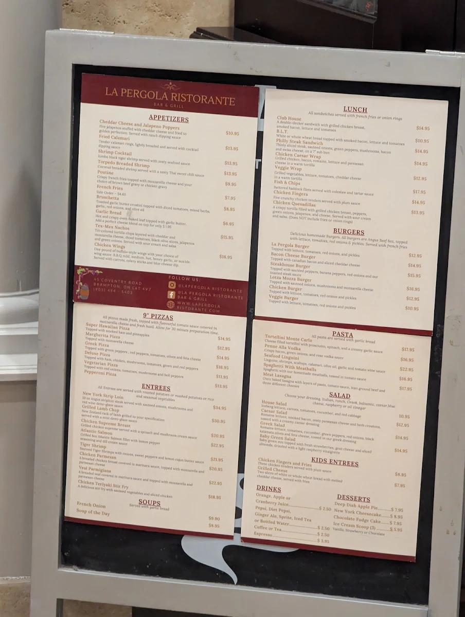 Menu, La Pergola Ristorante