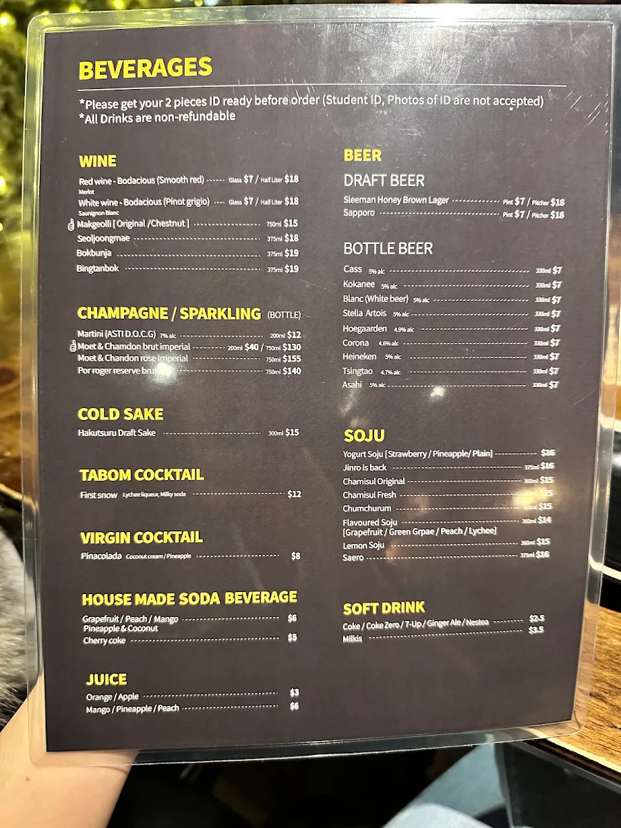 Menu, Tå Bom Korean Cuisine