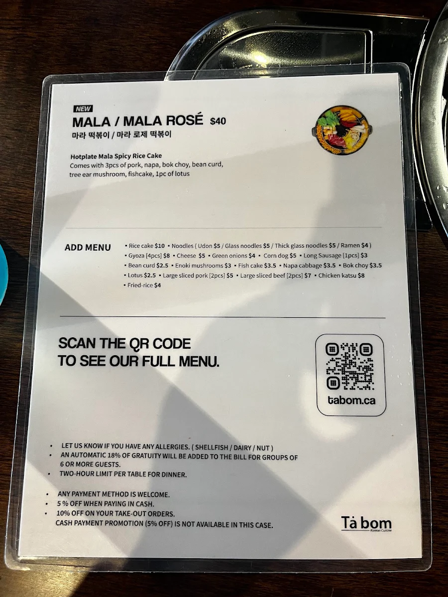 Menu, Tå Bom Korean Cuisine