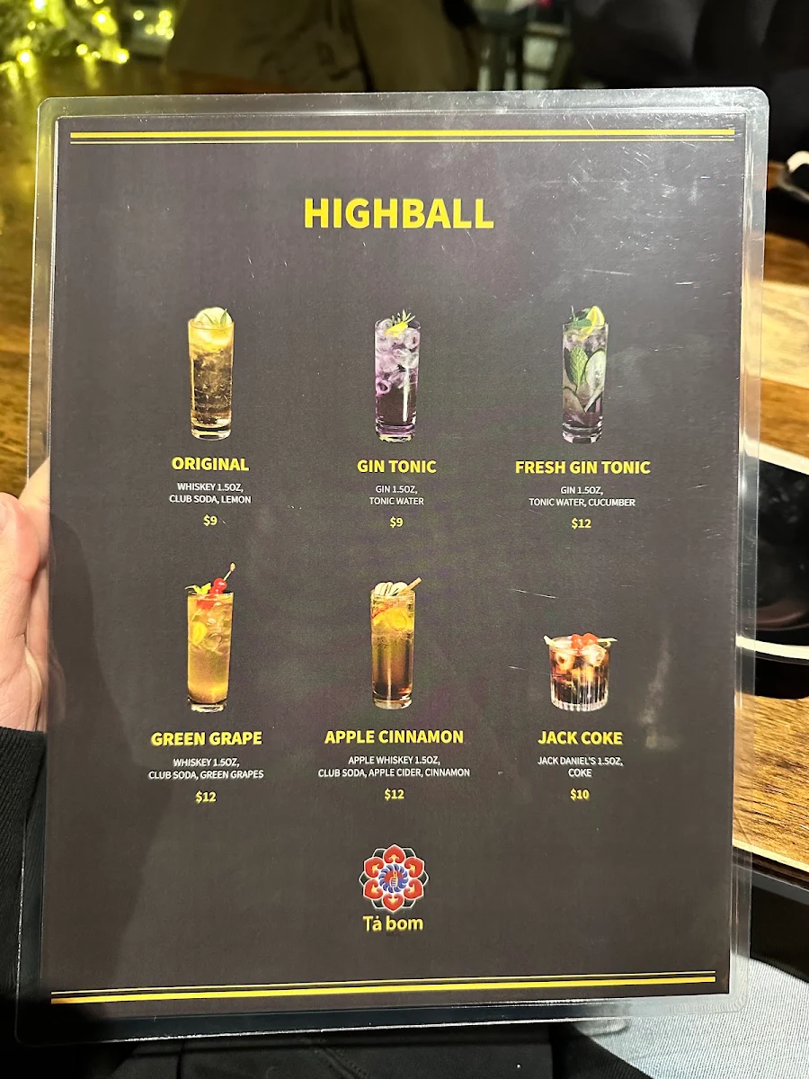 Menu, Tå Bom Korean Cuisine