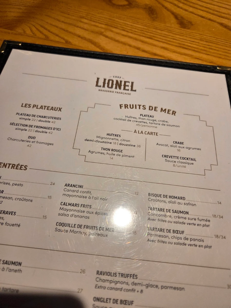 Menu, Chez Lionel - Laval