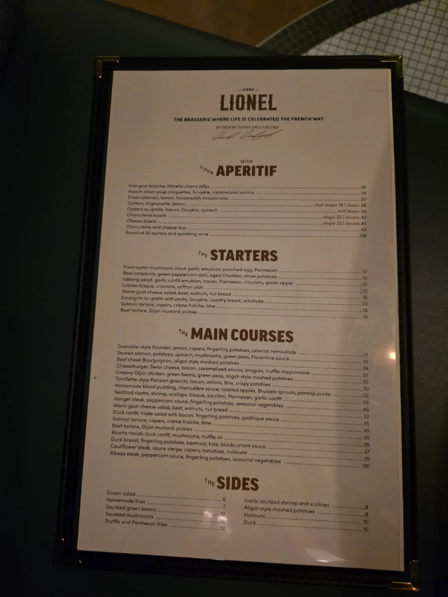 Menu, Chez Lionel - Laval