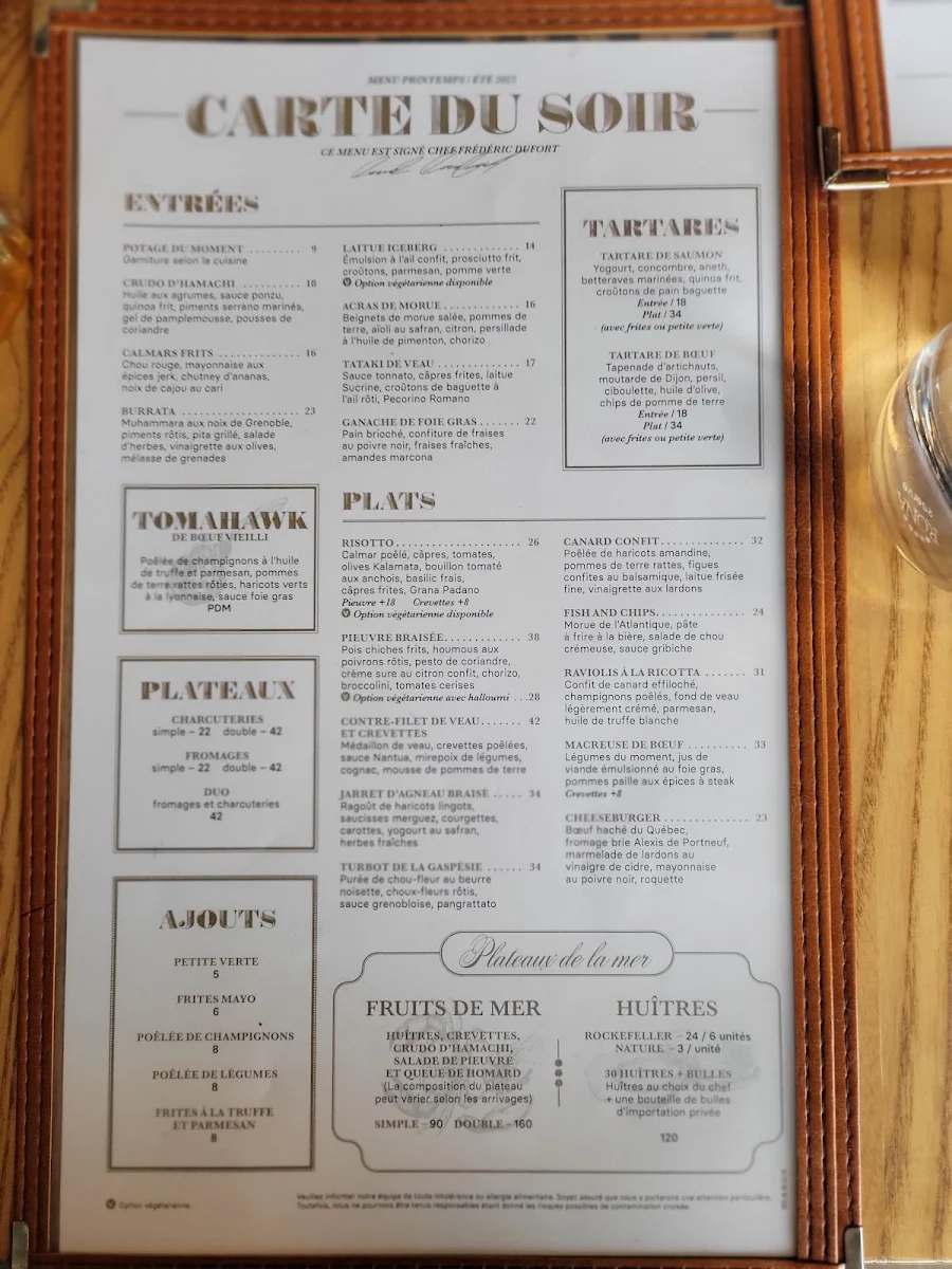 Menu, Chez Lionel - Laval