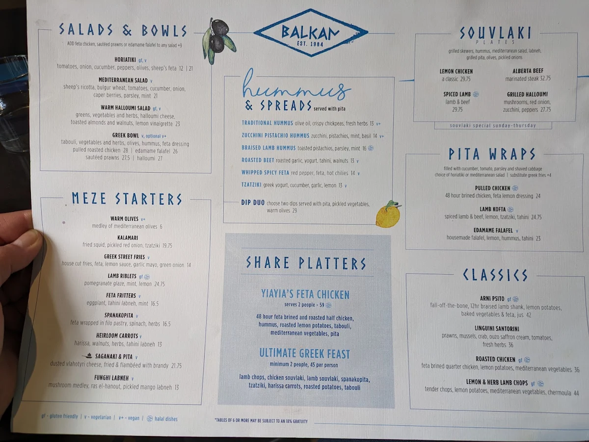 Menu, The Balkan Mediterranean Restaurant