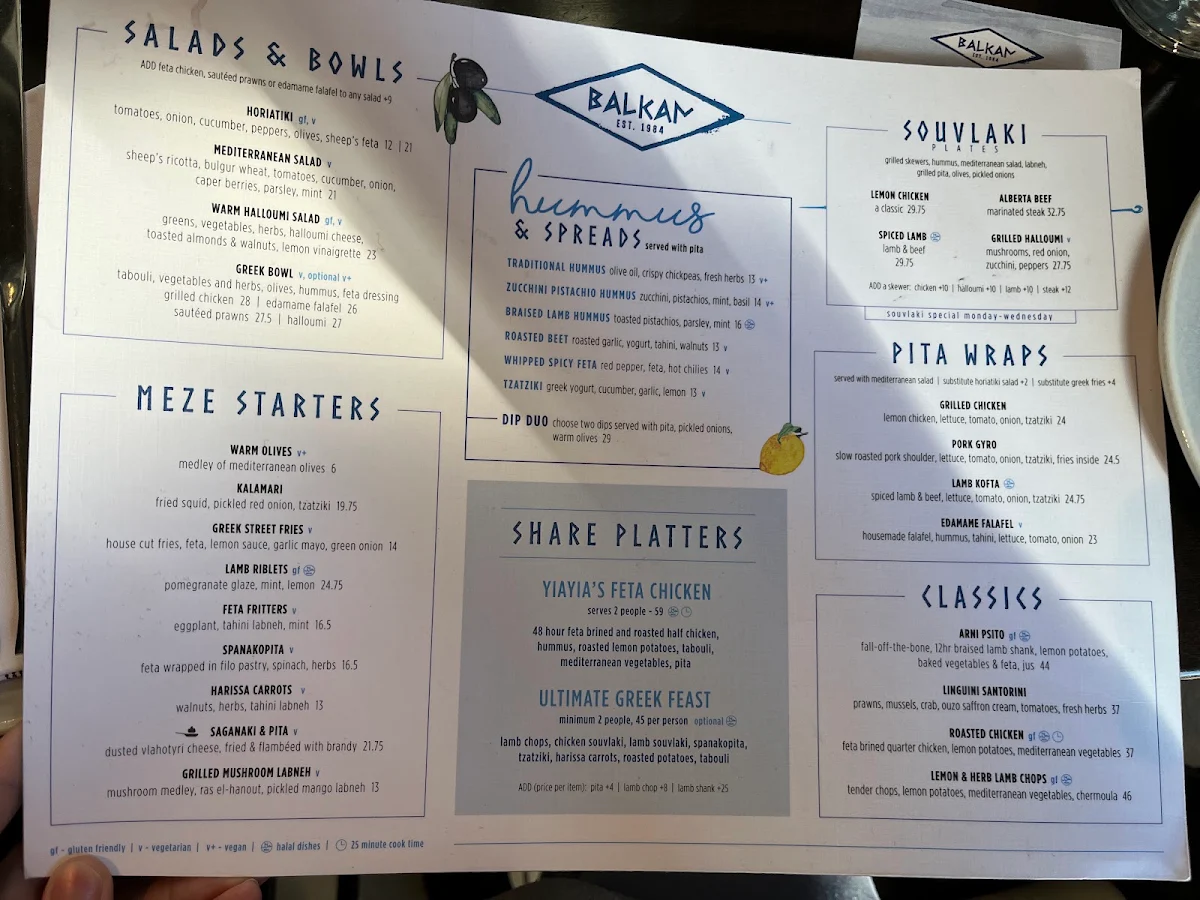 Menu, The Balkan Mediterranean Restaurant
