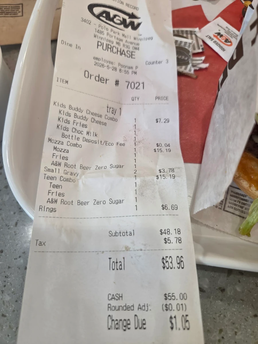 Menu, A&W Canada