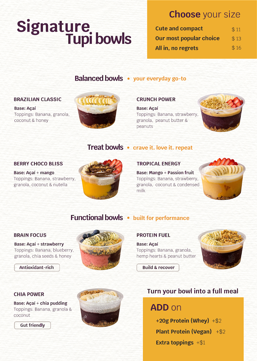 Menu, Tupí Açaí Bowls | 124st