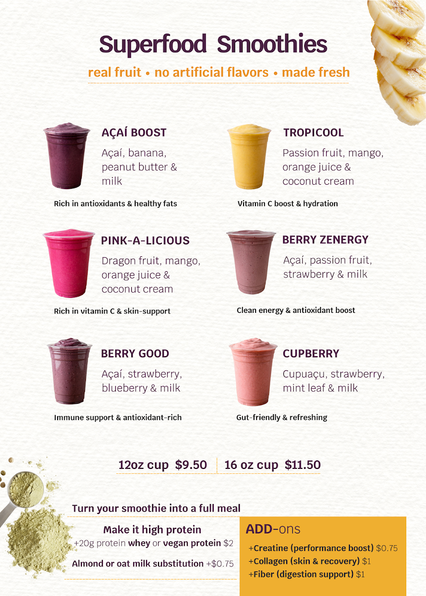 Menu, Tupí Açaí Bowls | 124st