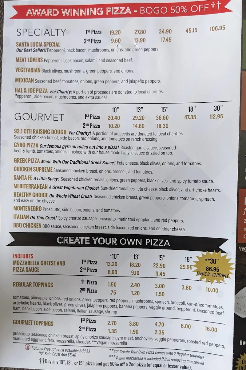 Menu, Santa Lucia Pizza