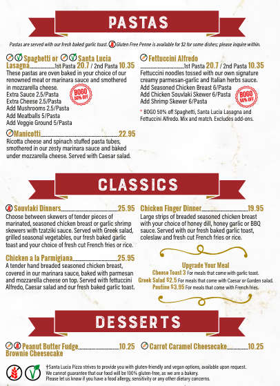 Menu, Santa Lucia Pizza