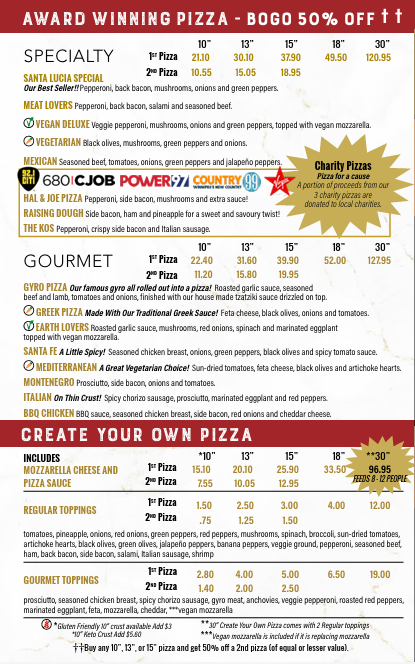 Menu, Santa Lucia Pizza