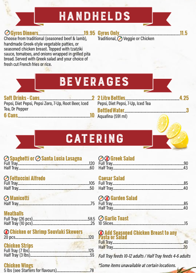 Menu, Santa Lucia Pizza