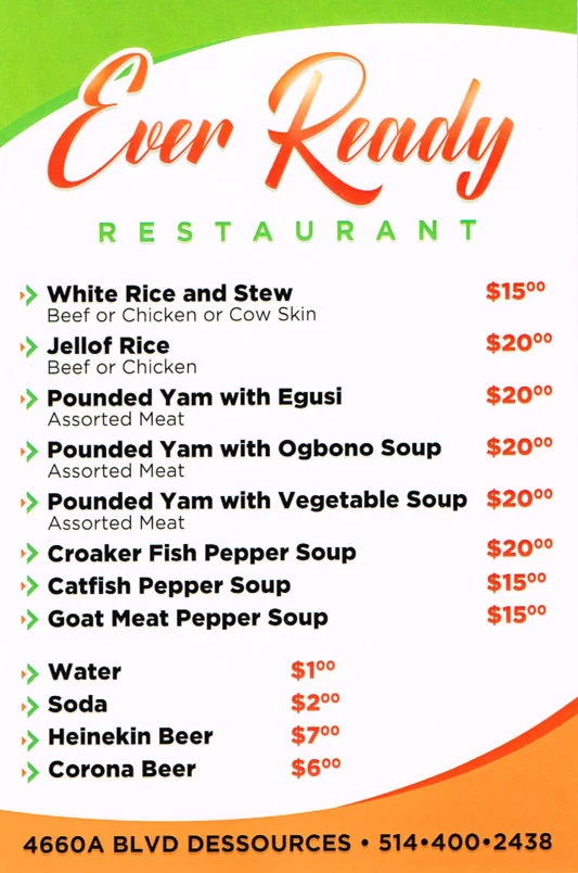 Menu, Ever Ready Restaurant