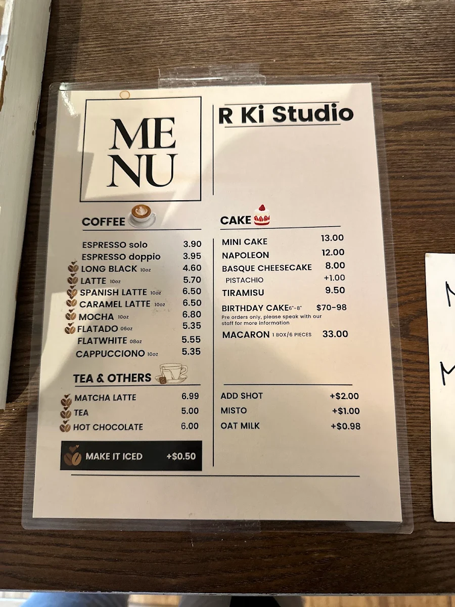 Menu, R Ki Dessert Studio