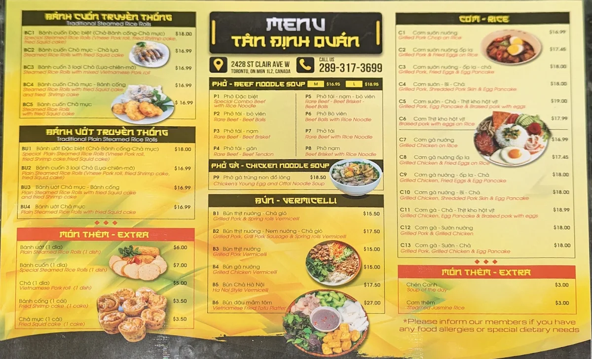 Menu, TÂN ĐỊNH QUÁN RESTAURANT