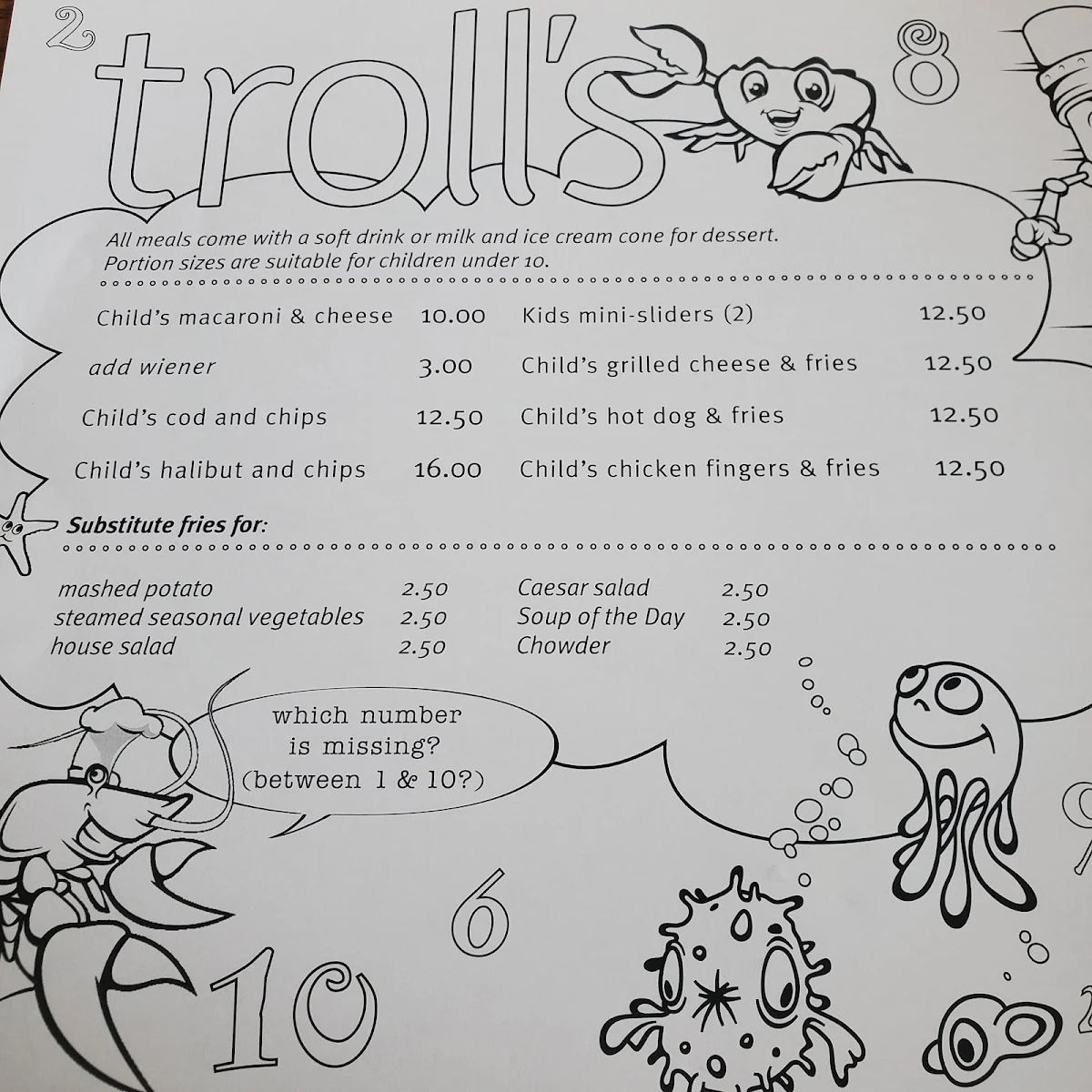 Menu, Troll's Restaurant