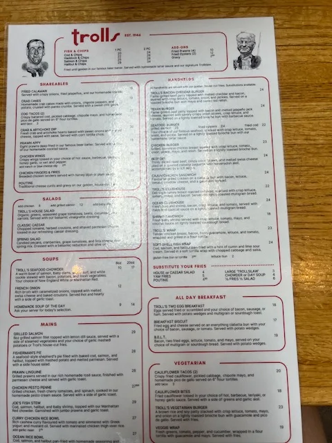 Menu, Troll's Restaurant