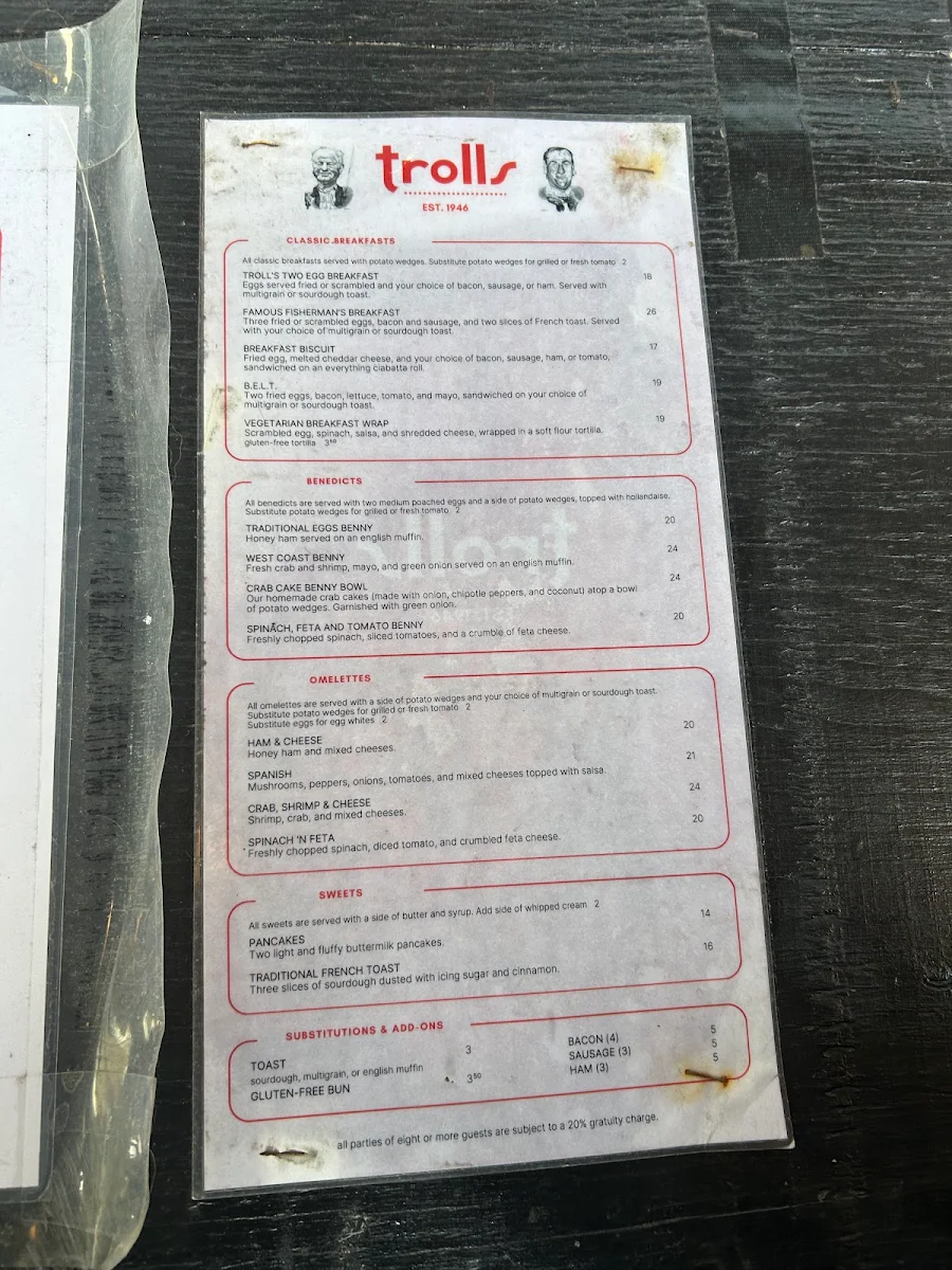 Menu, Troll's Restaurant