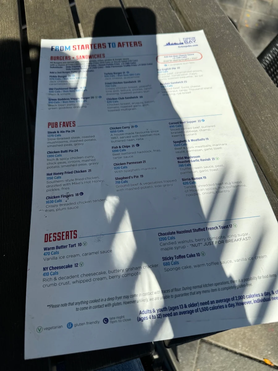 Menu, Firkin on the Bay