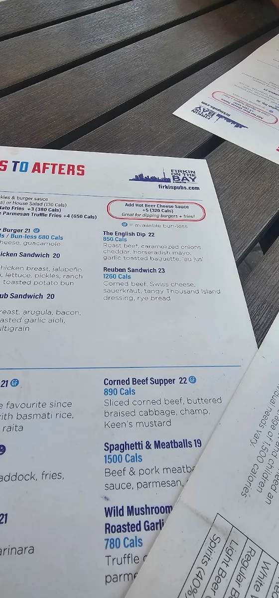 Menu, Firkin on the Bay