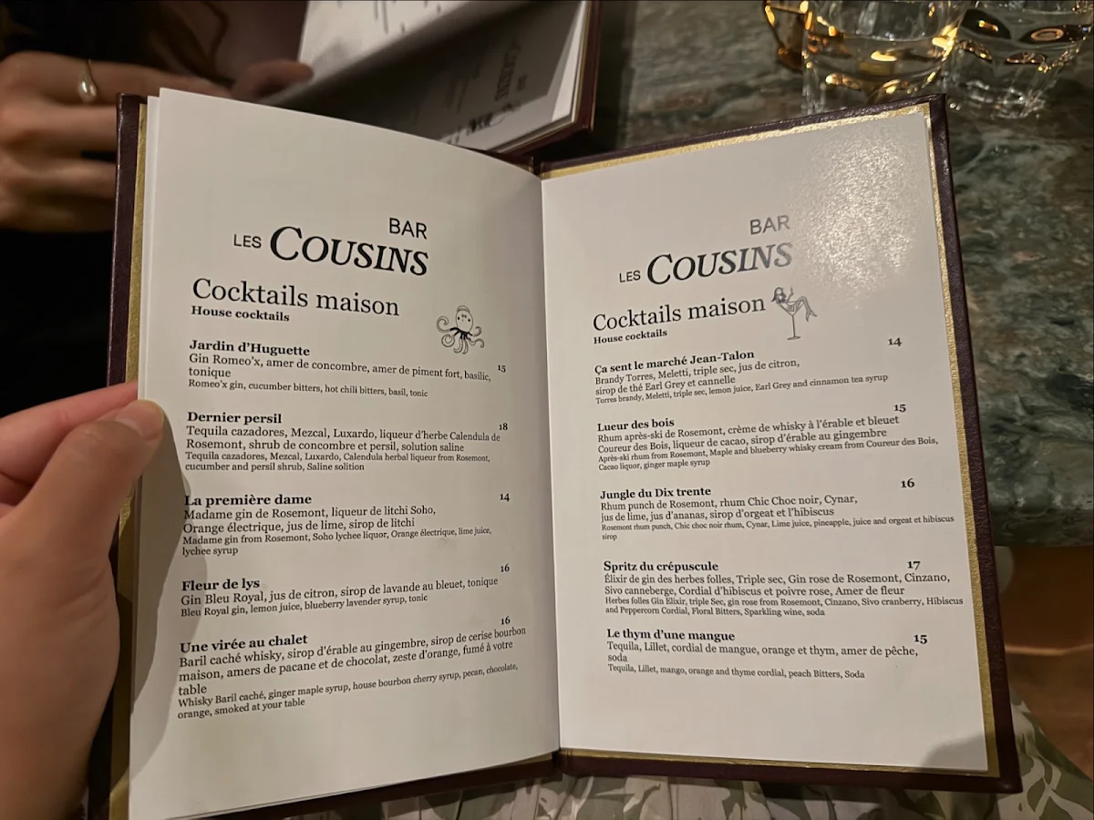 Menu, Bar Les Cousins