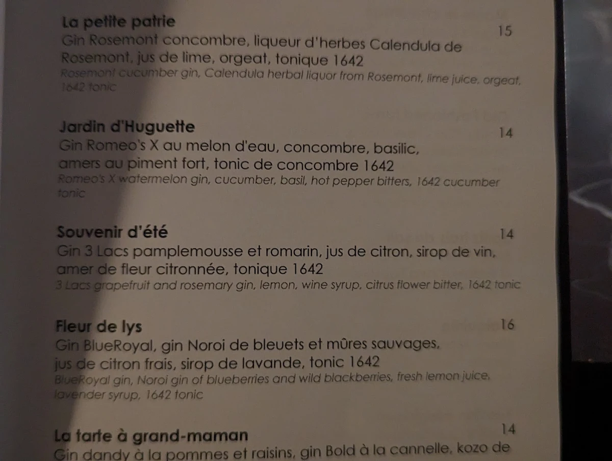 Menu, Bar Les Cousins