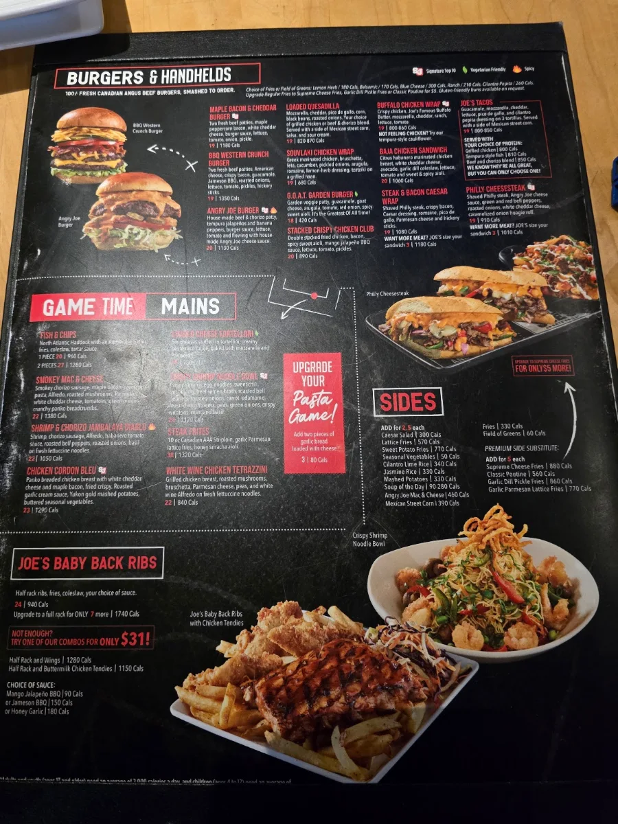 Menu, Shoeless Joe's Sports Grill