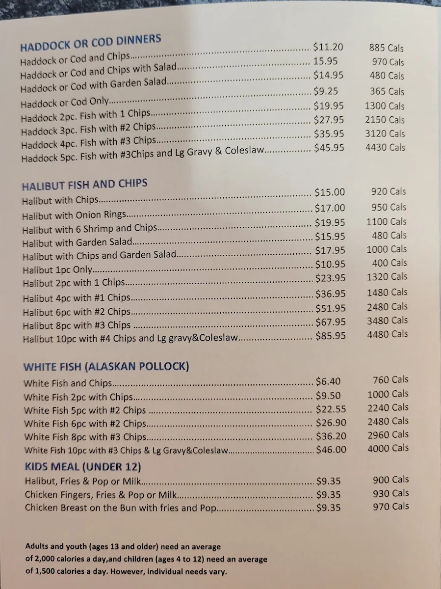 Menu, Captain George Fish & Chips
