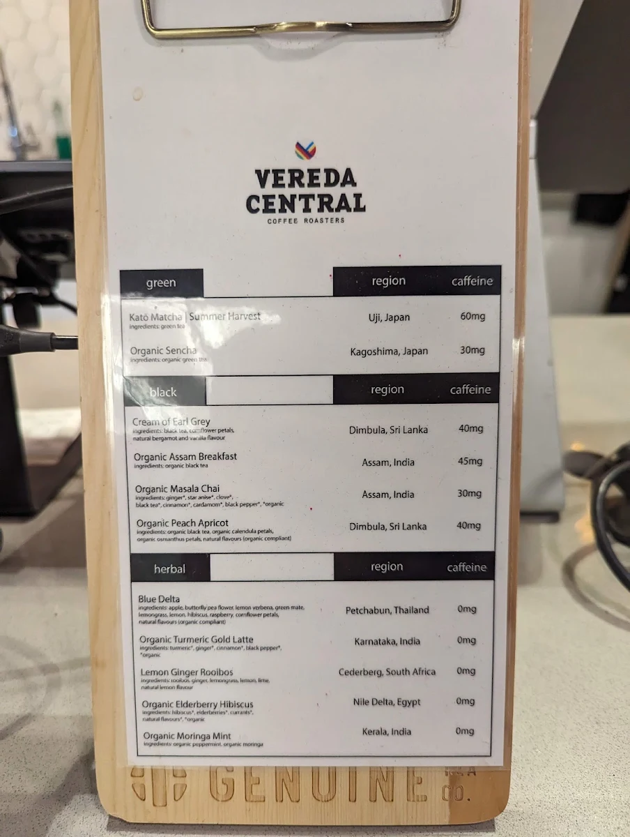 Menu, Vereda Central Coffee Roasters