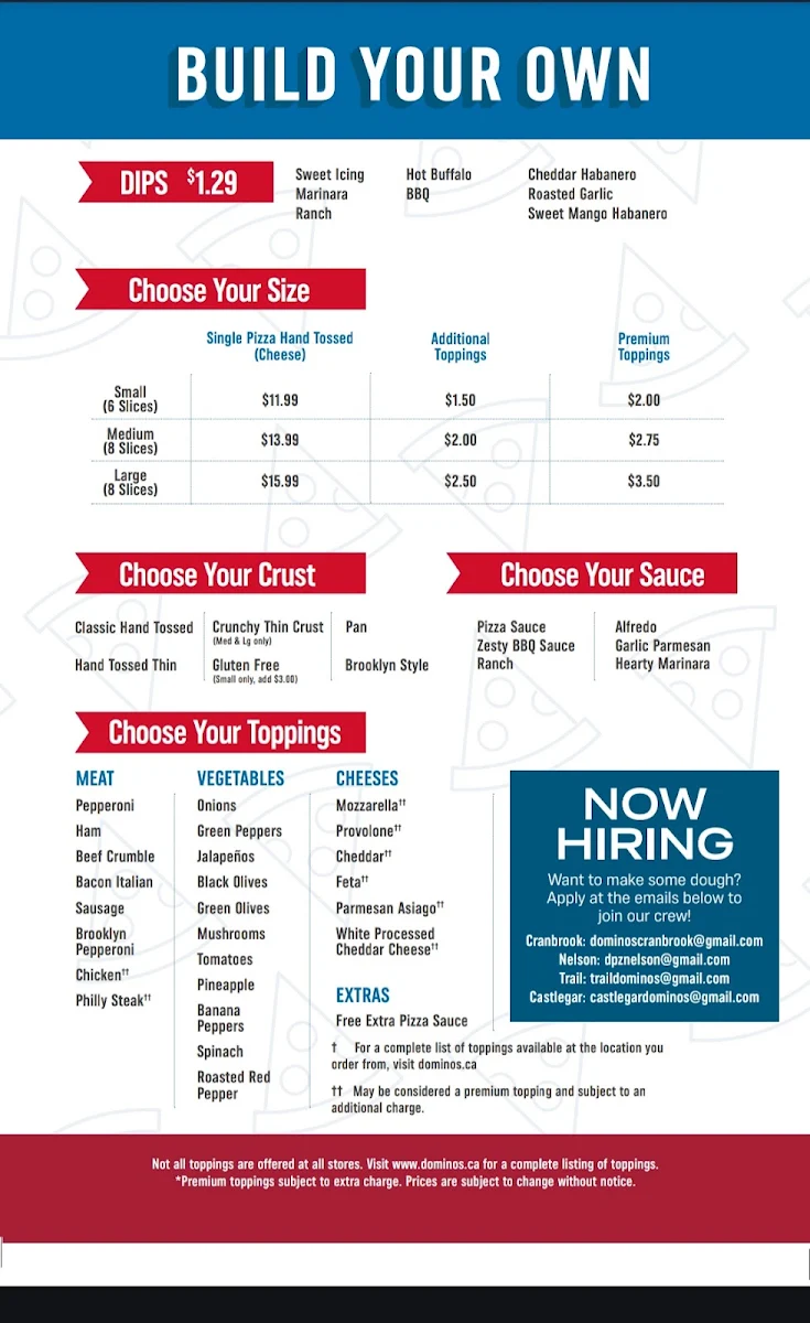 Menu, Domino's Pizza