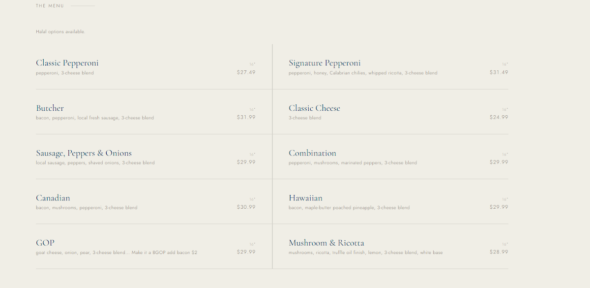 Menu, Grandma's Pizza