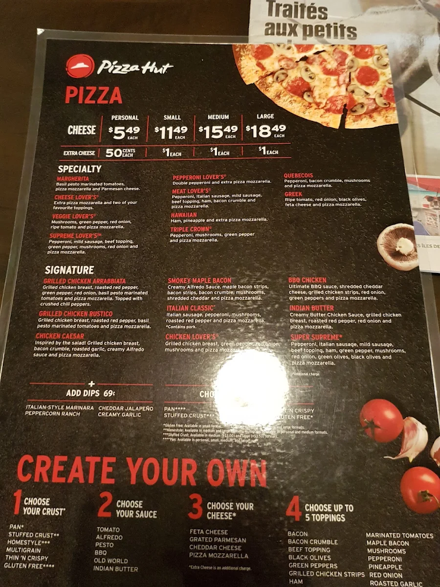 Menu, Pizza Hut