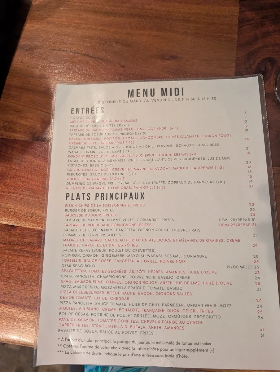 Menu, Attelier Archibald