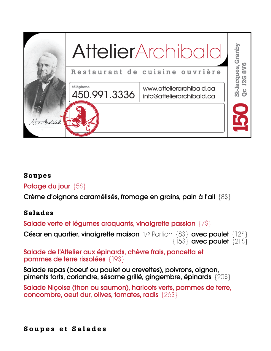 Menu, Attelier Archibald