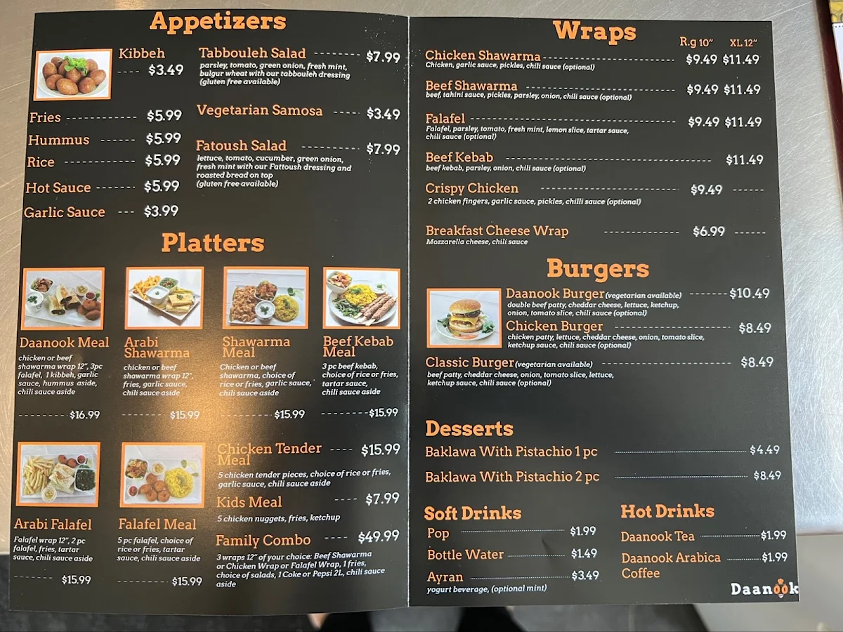 Menu, Daanook Restaurant