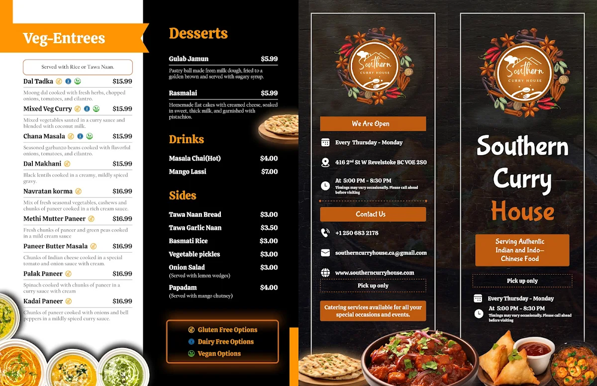 Menu, Southern Curry House